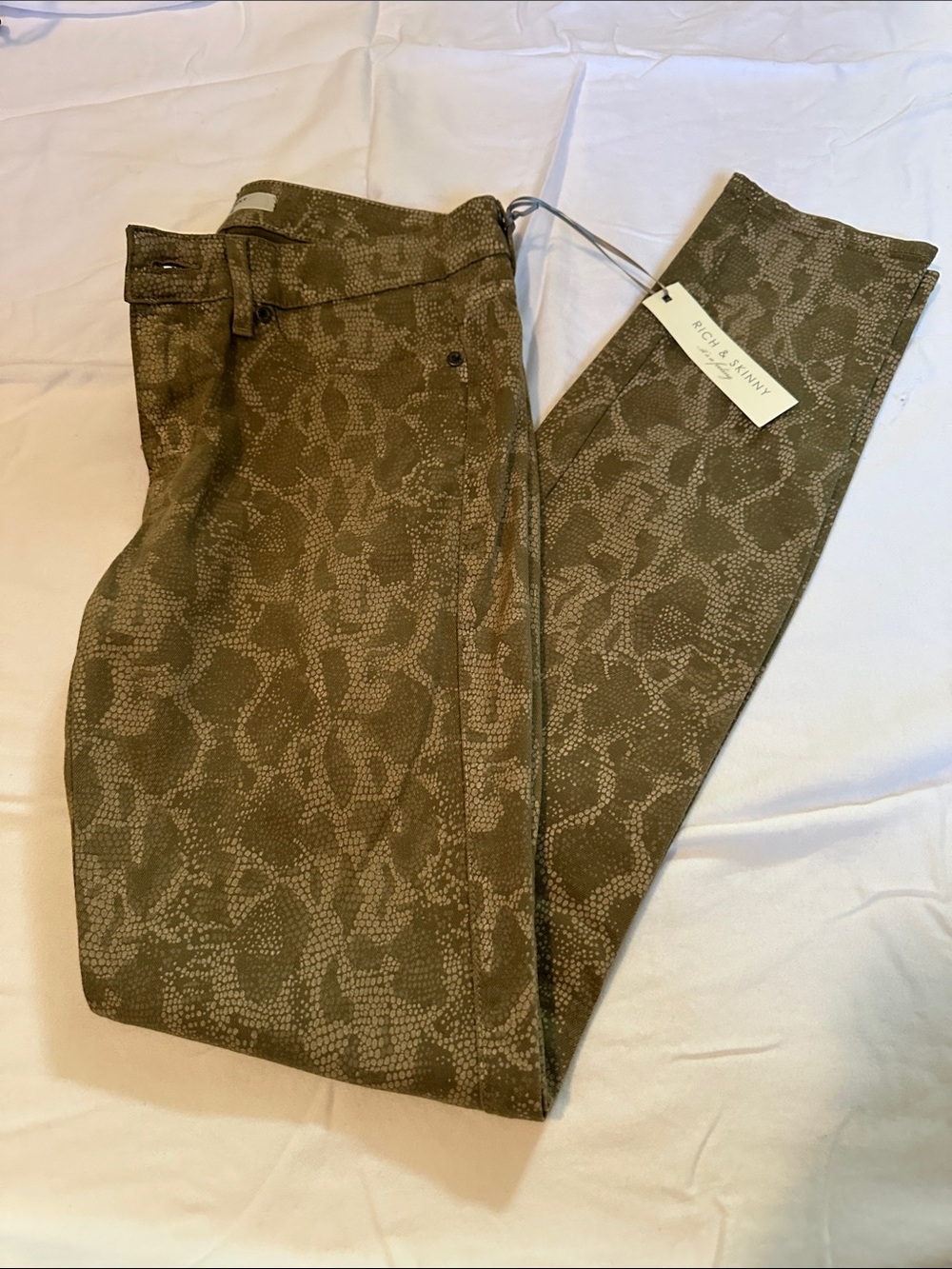 Rich & Skinny Olive Green Snake-Print Jeans